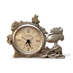1990s Seagull Pewter Peanuts Snoopy and Woodstock Golfing Clock